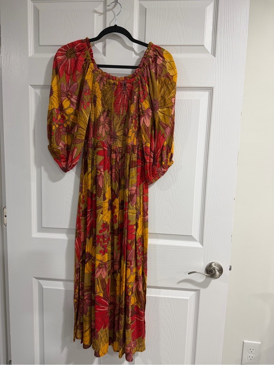 Angie Dresses & Skirts - Floral Puff-Sleeve Midi Dress in Mustard and Red